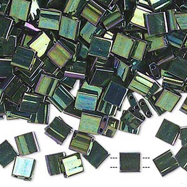 Bead, Miyuki, TILA®, glass, opaque metallic malachite green, (TL468), 5mm square with (2) 0.8mm holes, fits up to 3mm beads. Sold per 250-gram pkg. image number 0