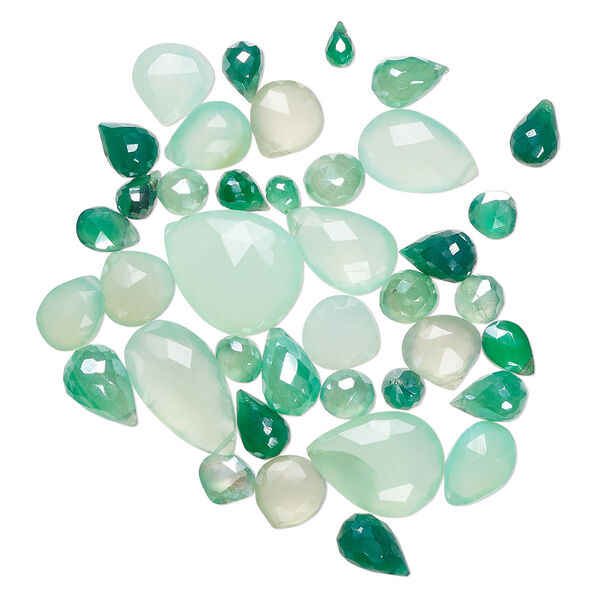 Bead mix, chalcedony (dyed), multi-green 6x4mm-25x18mm hand-cut top-drilled faceted teardrop, Mohs hardness 6-1/2 to 7. Sold per 1-ounce pkg, approximately 35 beads. image number 0
