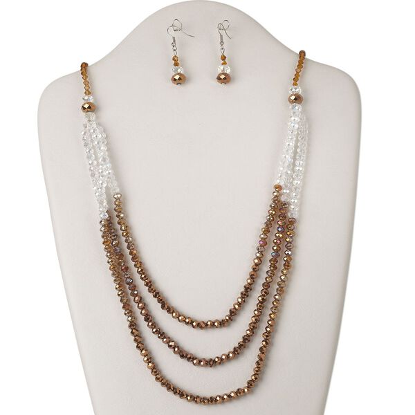 Necklace and earring set, glass and silver-finished steel, clear AB and light bronze with multi-finish, rondelle and bicone, 30-inch continuous loop, 43x10mm earrings with fishhook ear wire. Sold per set. image number 0