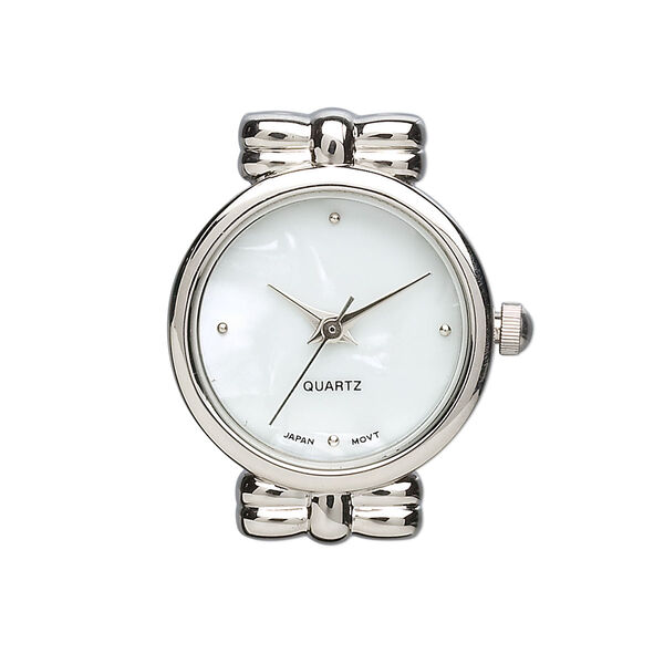 Watch face, silver-finished "pewter" (zinc-based alloy), 28x25mm round with bow ties, 2 strand. Sold individually. image number 0