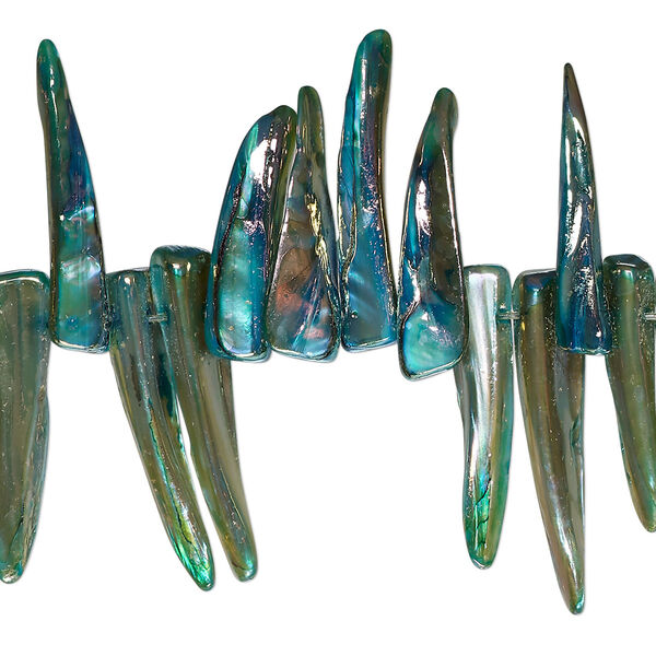Bead, mother-of-pearl shell (dyed), electric blue AB, 24x4mm-30x6mm top-drilled talon with 0.4-0.6mm hole, Mohs hardness 3-1/2. Sold per 15-inch strand. image number 0
