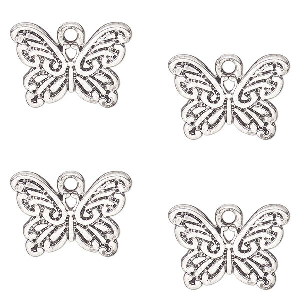 Charm, antique silver-finished "pewter" (zinc-based alloy) , 18x10mm double-sided butterfly. Sold per pkg of 4. image number 0
