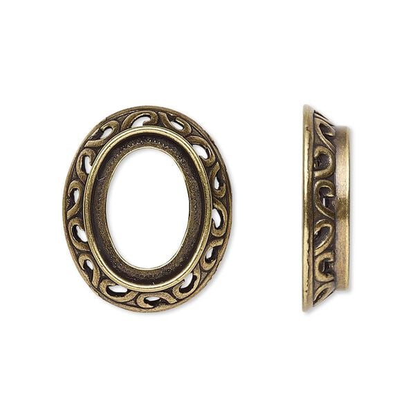 Component, antique gold-plated brass, 22x18.5mm oval with swirl design and 16x12mm oval setting. Sold per pkg of 4. image number 0