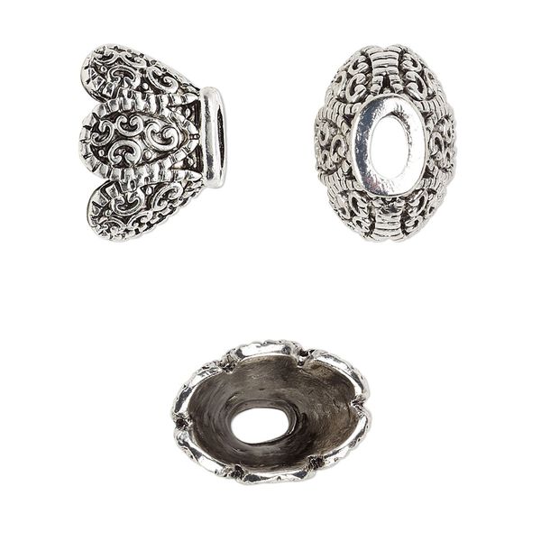 Cone, antique silver-finished "pewter" (zinc-based alloy), 16x11.5x11mm flat oval flower, 12x8mm inside diameter. Sold per pkg of 6. image number 0