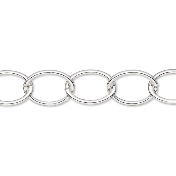 Chain, silver-plated steel, 10mm oval cable. Sold per pkg of 5 feet. image number 0