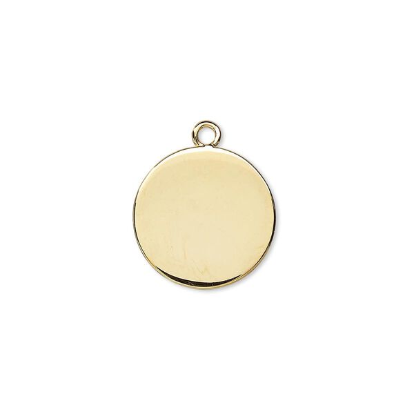 Drop, gold-plated brass, 15mm flat round. Sold per pkg of 10. image number 0