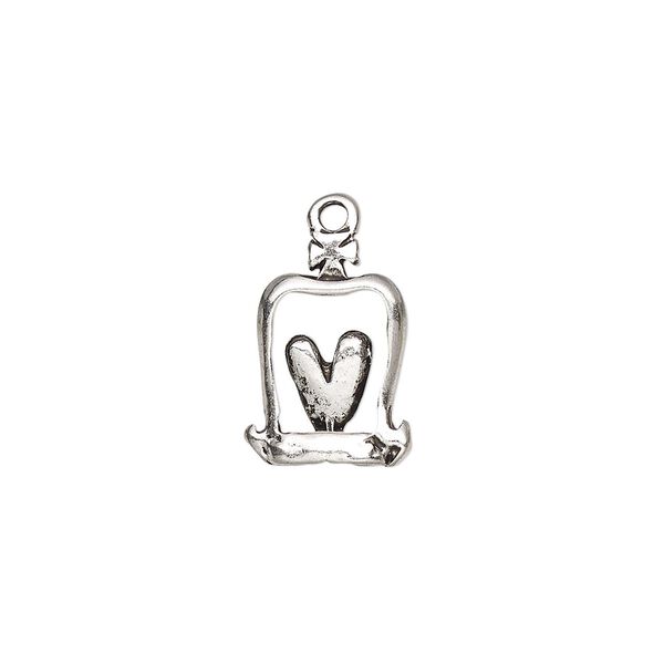 Drop, antique silver-plated "pewter" (zinc-based alloy), 16x12mm double-sided open rectangle with heart. Sold per pkg of 10. image number 0