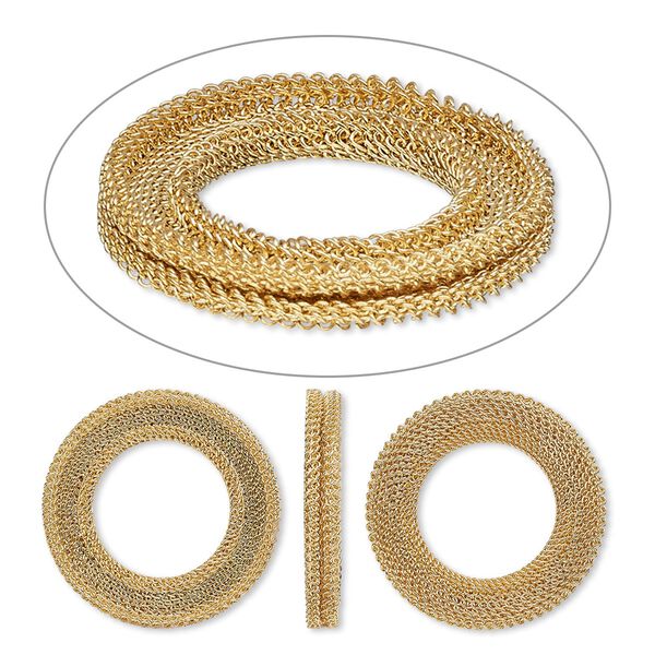 Component, gold-plated brass, 28mm two-sided round mesh donut with 2.5mm channel and flat back. Sold per pkg of 2. image number 0