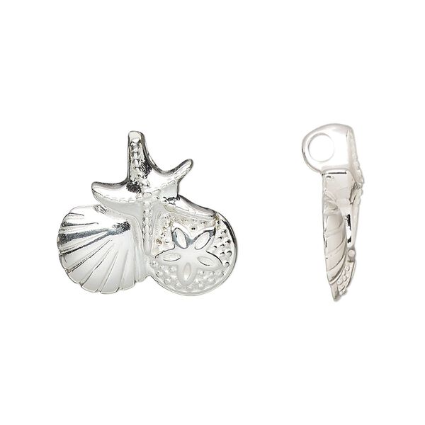 Pendant, sterling silver, 19x18.5mm single-sided with starfish / clam shell / sand dollar design. Sold individually. image number 0