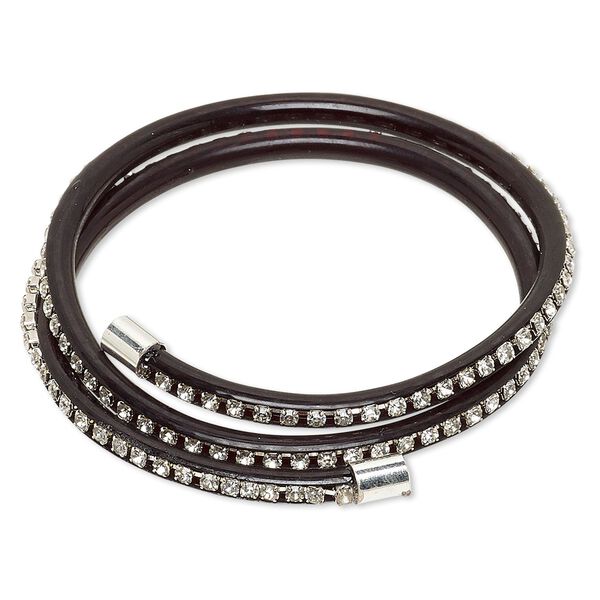Bracelet, wrap, PVC plastic / glass rhinestone / silver-finished brass, black and clear, 4mm wide with cupchain, adjustable from 7-9 inches. Sold individually. image number 0