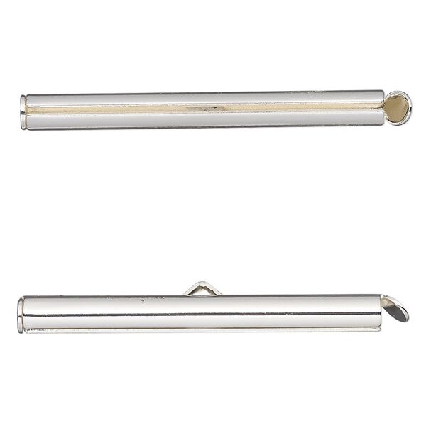 End bar, silver-finished brass, 40x4mm round tube with fold-in ends, 2.75-3mm inside diameter. Sold per pkg of 10. image number 0