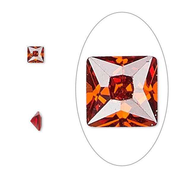 Gem, cubic zirconia, ruby red, 4mm faceted square, Mohs hardness 8-1/2. Sold per pkg of 2. image number 0
