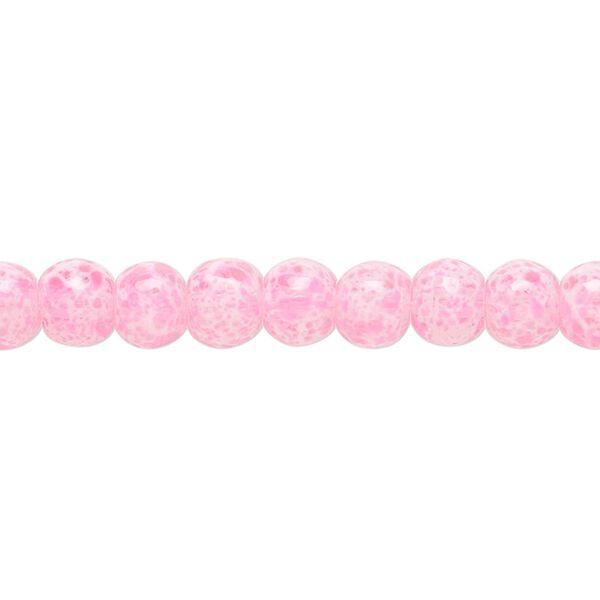 Bead, glass, opaque light pink / white / clear, 5-6mm round with random spotted pattern. Sold per 15-1/2" to 16" strand. image number 0