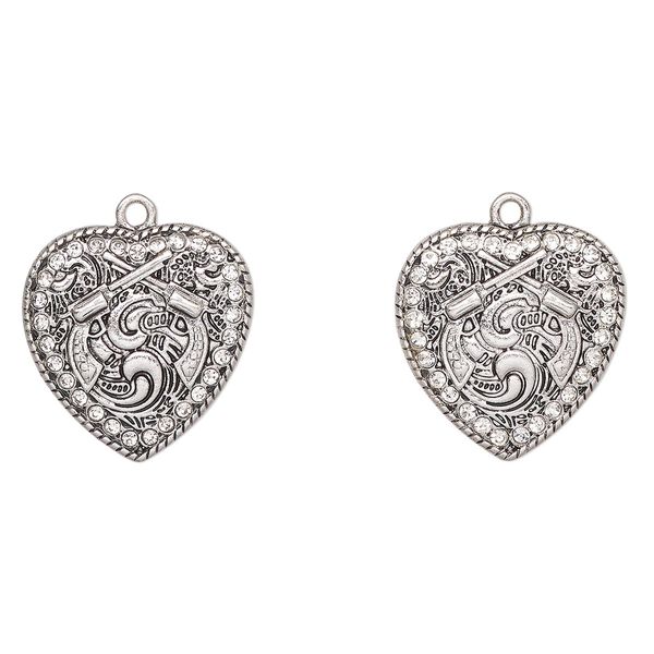 Charm, antique silver-finished "pewter" (zinc-based alloy) and glass, clear, 23x22mm heart with pistols. Sold per pkg of 2. image number 0