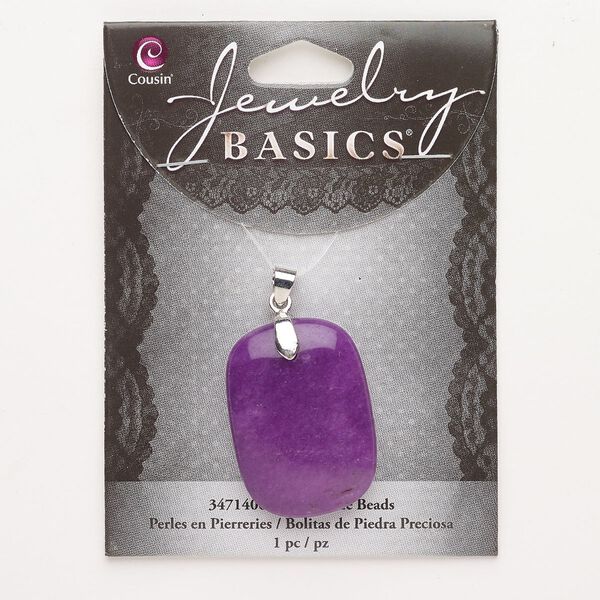 Pendant, brass and agate (dyed), pkg/1, silver finish and purple, 36x25mm puffed rectangle. image number 0