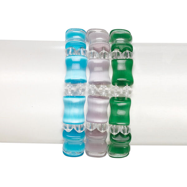 Bracelet, stretch, glass and cat's eye glass (fiber optic glass), assorted colors, 6mm bicone and 15.5x11.5mm bamboo, 6-1/2 inches. Sold per pkg of 3. image number 0