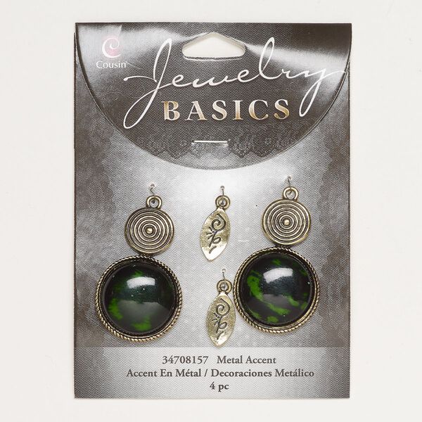 Drop, gold-finished "pewter" (zinc-based alloy) and resin, green and dark green, 17x7mm flat marquise with swirl design and 34x22mm double round. Sold per pkg of 4. image number 0