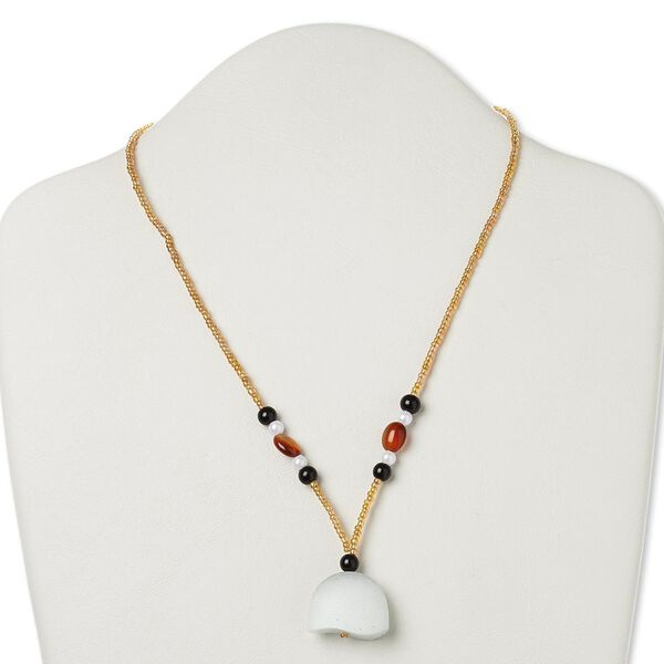 Red agate / glass / "pewter" (zinc-based alloy) 1pkg1, silver-finished / antique gold-finished half-round pendant necklace 17 inch / lobster claw clasp 26x20mm image number 0