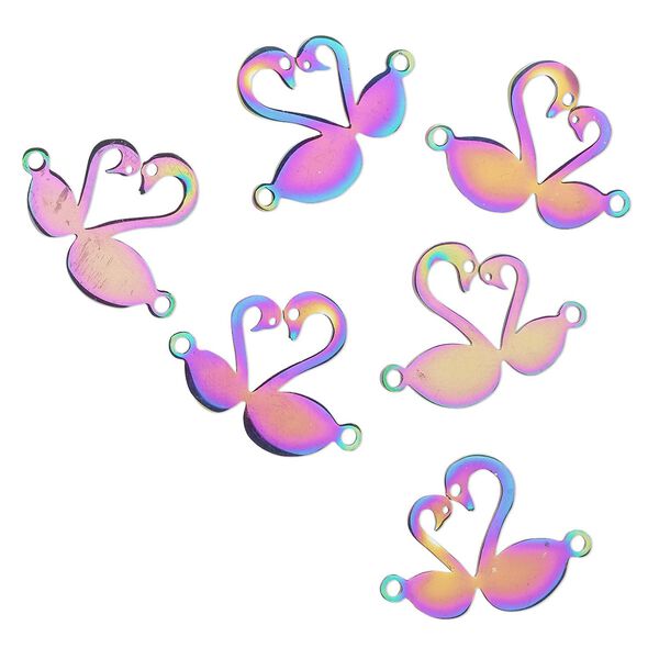 Link, electro-coated stainless steel, rainbow, 16x15.5mm double-sided swans. Sold per pkg of 6. image number 0