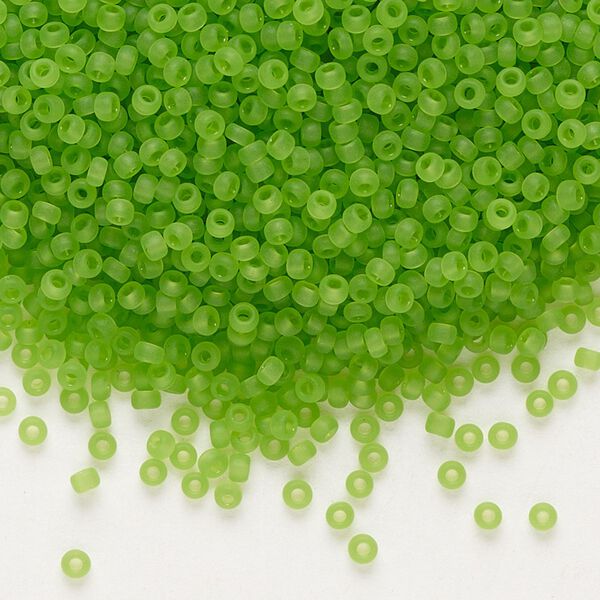 Seed bead, Miyuki, glass, pkg/25g, #11 rocaille, translucent matte lime, (RR-144F). image number 0
