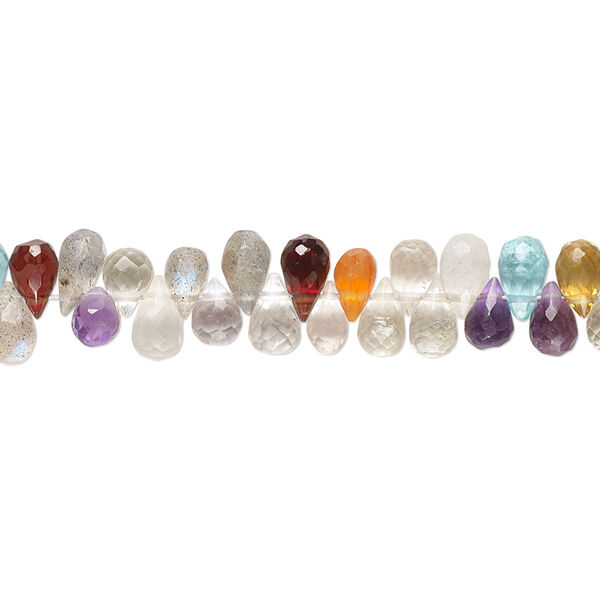 Bead, multi-gemstone (natural / dyed / heated), 5x3mm-6x4mm hand-cut top-drilled micro-faceted teardrop with 0.4-1.4mm hole, C+ grade, Mohs hardness 3 to 7. Sold per 8-inch strand. image number 0
