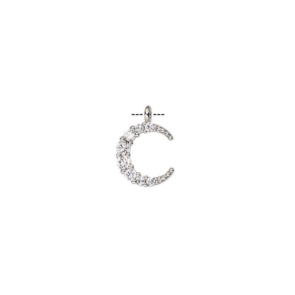 Charm, cubic zirconia and silver-finished brass, clear, 10x8.5mm single-sided moon. Sold individually. image number 0