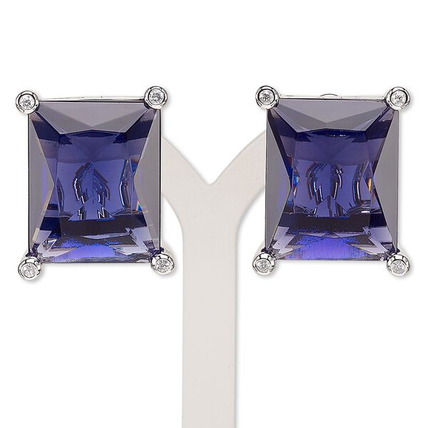 Earring, glass / glass rhinestone / rhodium-plated brass, purple and clear, 25x20mm rectangle with post and latch-back closure. Sold per pair. image number 0