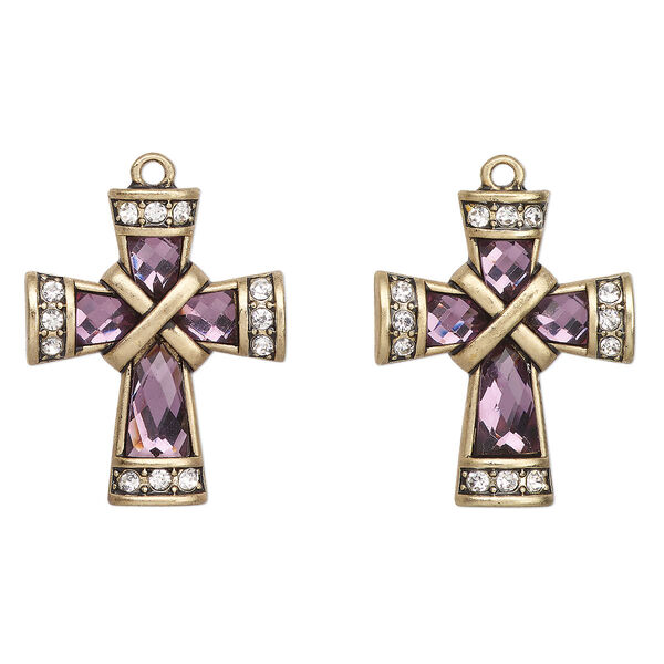 Focal, antique gold-finished "pewter" (zinc-based alloy) and glass, clear and purple, 30x24mm fancy cross. Sold per pkg of 2. image number 0