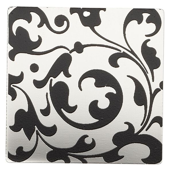 Focal, imitation rhodium-finished carbon steel, black, 40x40mm single-sided square with vine design. Sold per pkg of 2. image number 0