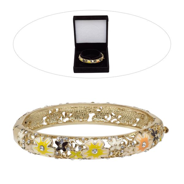 Bracelet, bangle, enamel / Czech glass rhinestone / gold-finished "pewter" (zinc-based alloy), clear / yellow / multicolored, 11mm wide with flowers, 7 inches with hinged tab clasp. Sold individually. image number 0