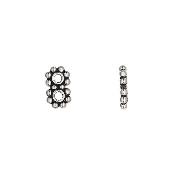 Spacer bar, antiqued sterling silver, 10x6mm 2-strand beaded rectangle, 5mm between holes. Sold per pkg of 2. image number 0