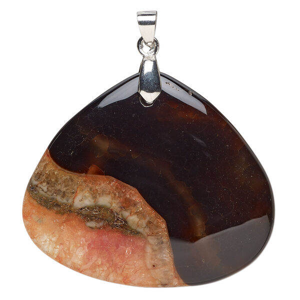 Red / black agate / brass 1pkg1, imitation rhodium-plated hand-cut teardrop pendant 50x43mm image number 0