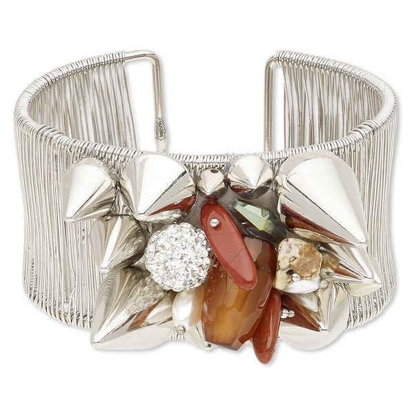 Bracelet, cuff, multi-gemstone (natural / dyed / heated) / plastic / glass / glass rhinestone / silver-coated plastic / imitation rhodium-finished steel, multicolored, 36mm wide, adjustable from 6-1/2 to 7-1/2 inches. Sold individually. image number 0