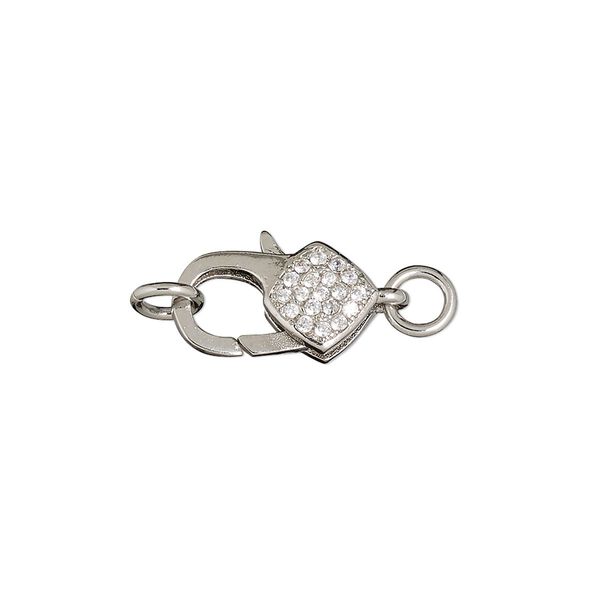 Clasp, lobster claw, cubic zirconia and silver-finished brass, clear, 15x8mm double-sided with flower design. Sold individually. image number 0