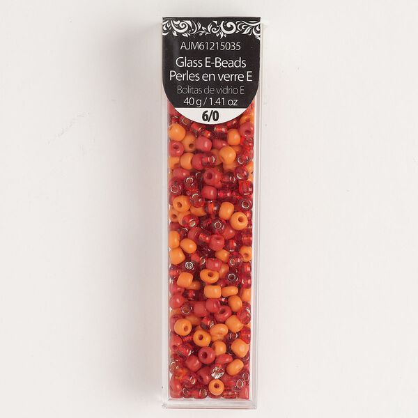 Seed bead mix, glass, pkg/40g, #6 round, opaque and translucent silver-lined red-orange and orange. image number 0