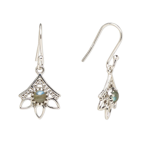 Ear wire, Create Compliments®, antiqued sterling silver and labradorite (natural), fishhook, 28mm with 14x12.5mm single-sided beaded open 3-teardrop, 21 gauge. Sold per pair. image number 0