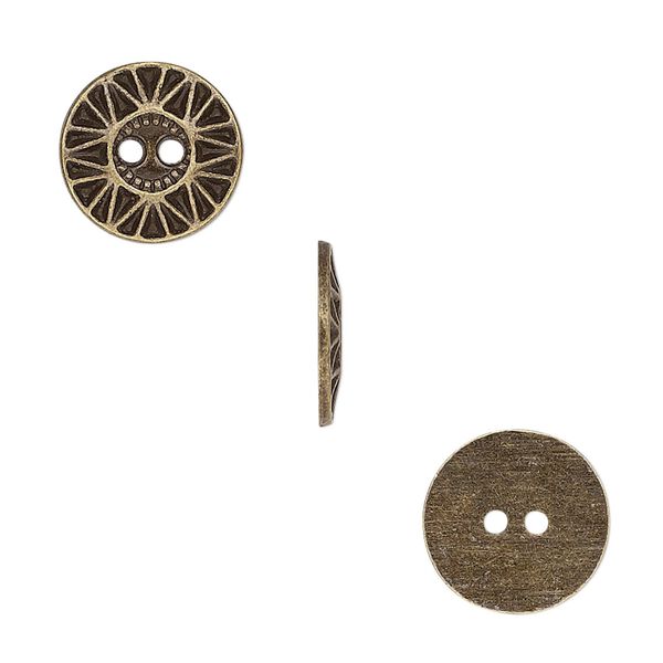 Button, antiqued brass-finished "pewter" (zinc-based alloy), 12.5mm single-sided flat round with sunburst design. Sold per pkg of 50. image number 0