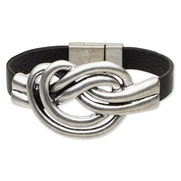 Bracelet, leather (dyed) and antique silver-plated "pewter" (zinc-based alloy), black, 9mm wide with 61x35mm double knot, 6-1/2 inches with magnetic clasp. Sold individually. image number 0