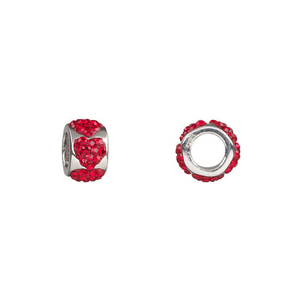 Bead, cubic zirconia and rhodium-plated sterling silver, red, 9x5.5mm rondelle with hearts. Sold individually. image number 0