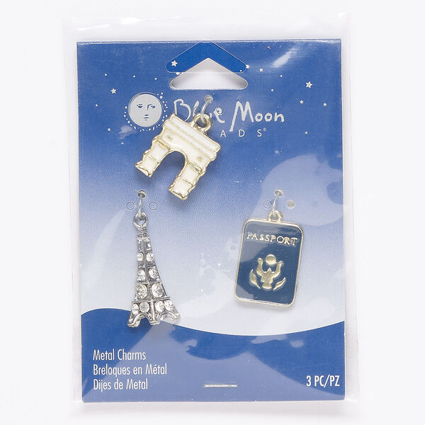 Charm mix, enamel / glass / antique silver- / antique gold-finished "pewter" (zinc-based alloy), dark blue and white, 18x16mm double-sided Arc de Triomphe / 22x16mm single-sided passport / 28x14mm single-sided Eiffel Tower. Sold per pkg of 3. image number 0