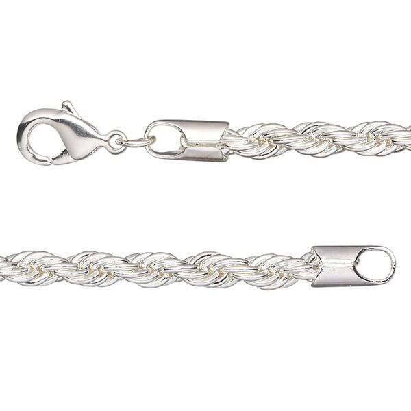 Chain, silver-plated brass, 4mm rope, 24 inches with lobster claw clasp. Sold individually. image number 0