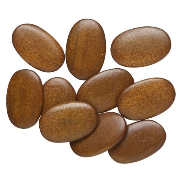 Bead, wood (dyed), walnut brown, 30x19mm-31x20mm flat oval. Sold per pkg of 10. image number 0