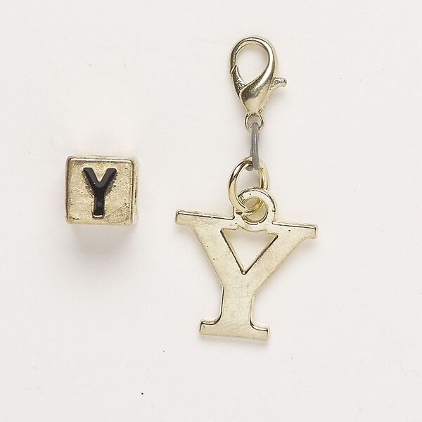 Bead and charm, brass-finished "pewter" (zinc-based alloy) / steel / enamel, black, 7mm cube with alphabet letter "Y" and 15x1mm alphabet letter "Y" with lobster claw clasp. Sold per pkg of 2. image number 0