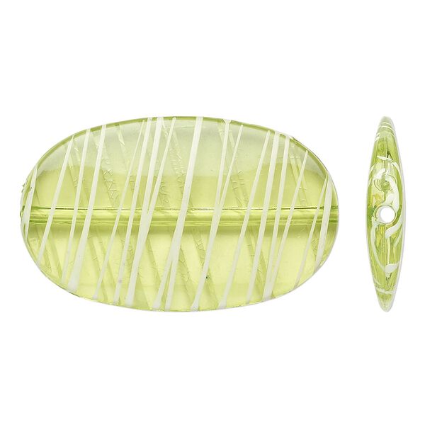 Bead, acrylic, semitransparent green and white, 45x27mm flat oval with painted line design. Sold per pkg of 20. image number 0