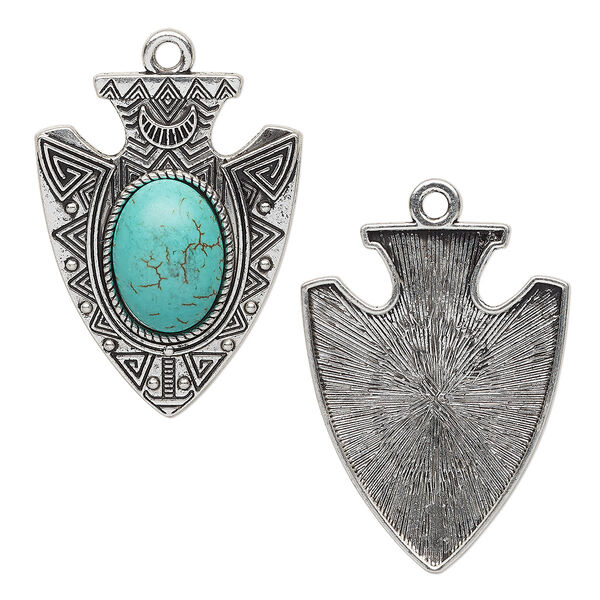 Focal, "turquoise" (resin) (imitation) and antique silver-finished "pewter" (zinc-based alloy), turquoise blue, 40x31mm single-sided arrowhead. Sold individually. image number 0