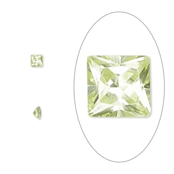 Gem, cubic zirconia, peridot green, 3mm faceted square, Mohs hardness 8-1/2. Sold per pkg of 5. image number 0