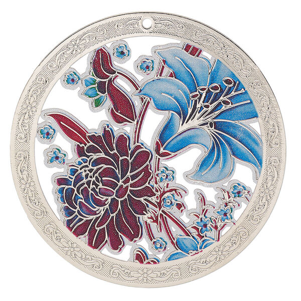 Focal, Lazer Lace™, color film and silver-finished brass, multicolored, 45mm single-sided flat round with cutouts and floral design. Sold per pkg of 2. image number 0