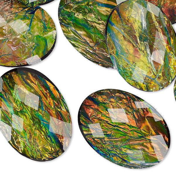 Cabochon, resin, opalescent black and multicolored, 25x18mm non-calibrated faceted oval. Sold per pkg of 12. image number 0