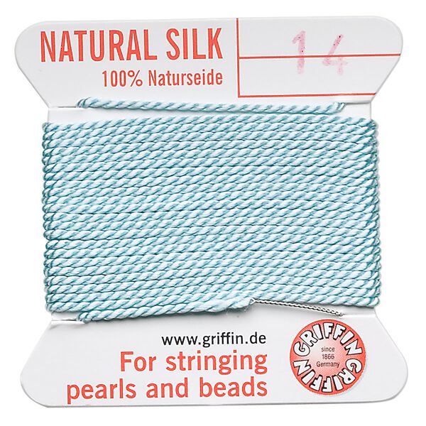 Thread, Griffin, silk, turquoise blue, size #14. Sold per 2-meter card (approximately 78 inches). image number 0