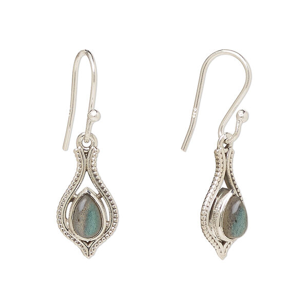Ear wire, Create Compliments®, antiqued sterling silver and labradorite (natural), fishhook, 29.5mm with 15x9mm single-sided open beaded teardrop, 21 gauge. Sold per pair. image number 0